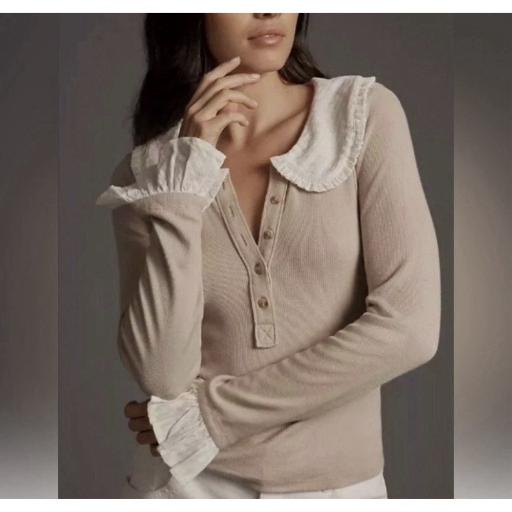 Pilcro‎ Anthropologie Keira Peter Pan Collar Henley Top Size 3X Neutral NWT